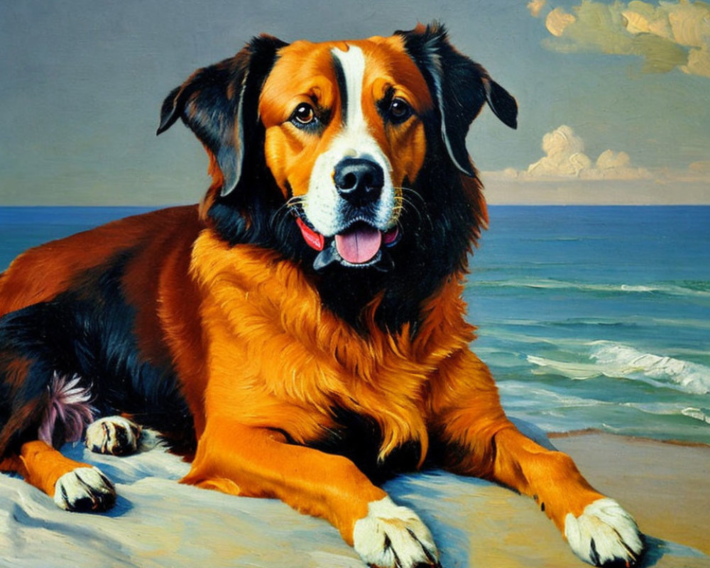 Brown and Black Dog Relaxing on Beach with Blue Skies and Calm Ocean