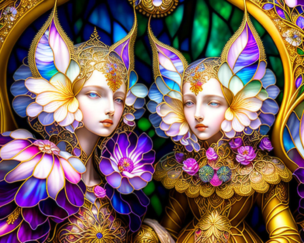 Ethereal beings with floral headdresses in golden armor against stained-glass backdrop.