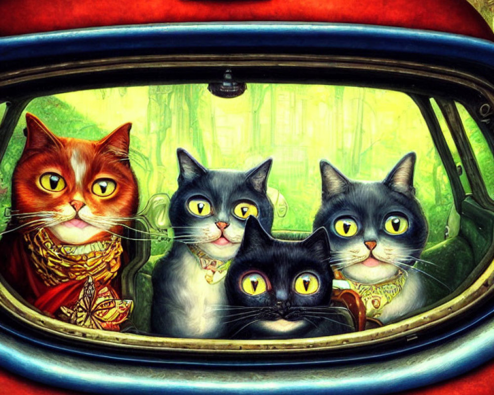 Four anthropomorphized cats in red vintage car with whimsical landscape