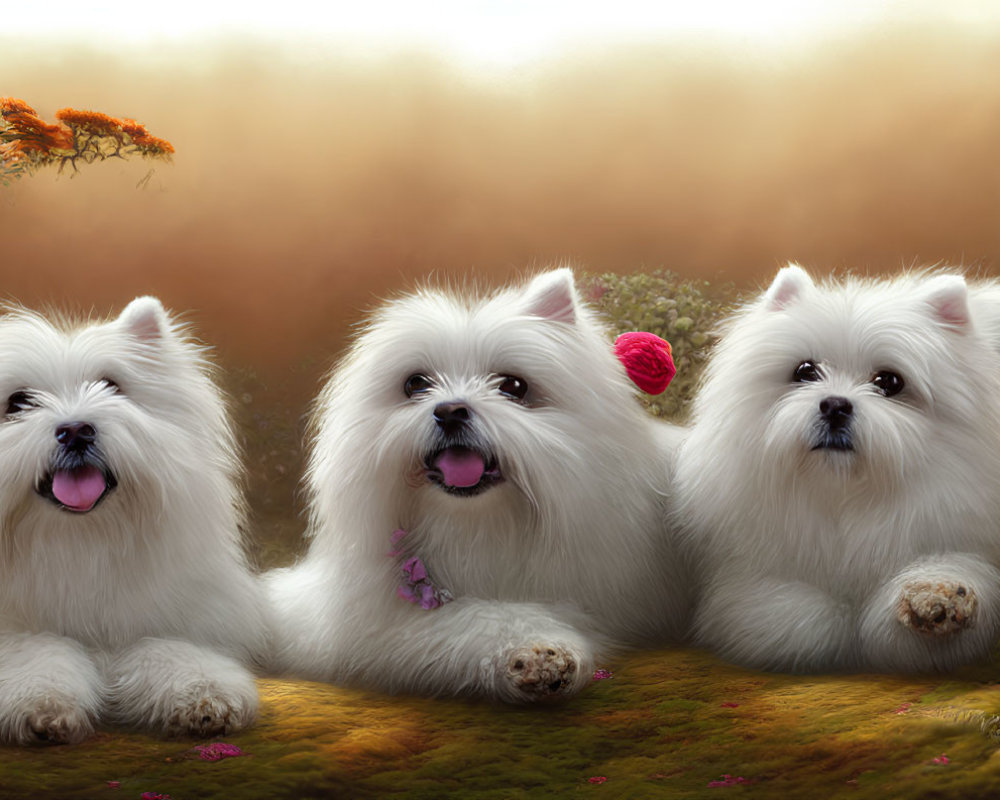 Fluffy white dogs surrounded by colorful flowers in a hazy setting