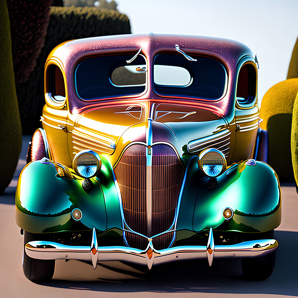 Classic Car with Flamboyant Paint Job and Chrome Detailing parked in front of Art Deco Sty