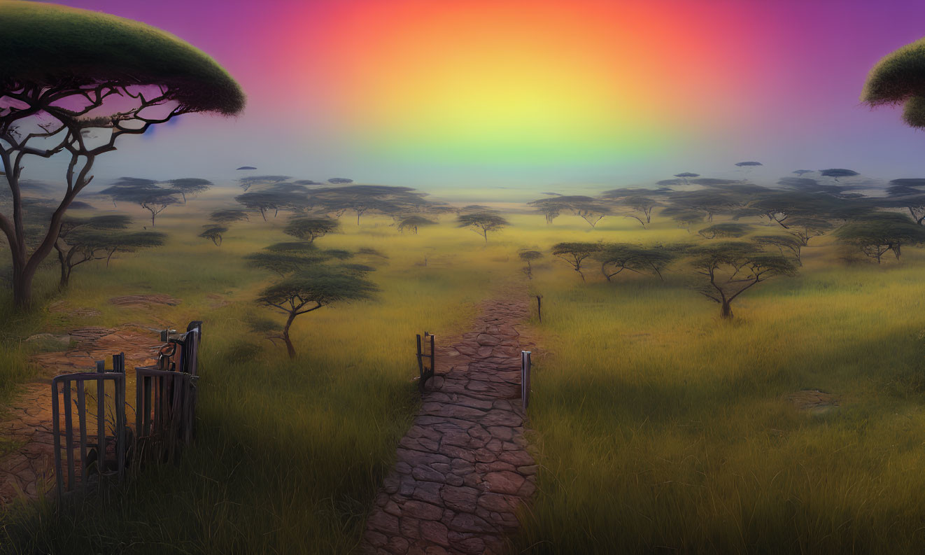 Surreal savannah landscape with vibrant rainbow sky