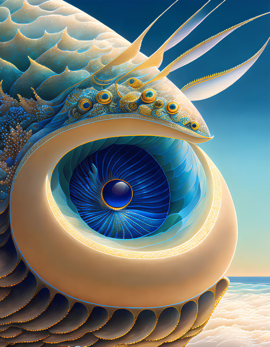 Illustration of stylized eye with peacock feather decorations by ocean waves and sunset sky