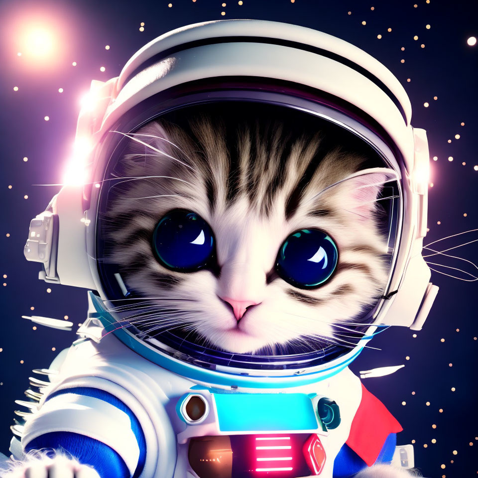 Wide-eyed cat in astronaut suit with helmet on starry space backdrop