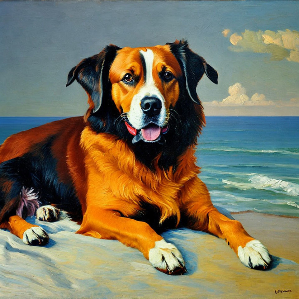 Brown and Black Dog Relaxing on Beach with Blue Skies and Calm Ocean