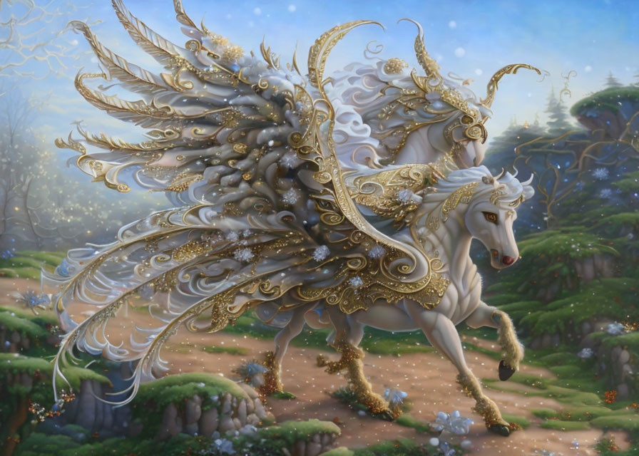 Mythical Pegasus with golden accents in enchanted forest