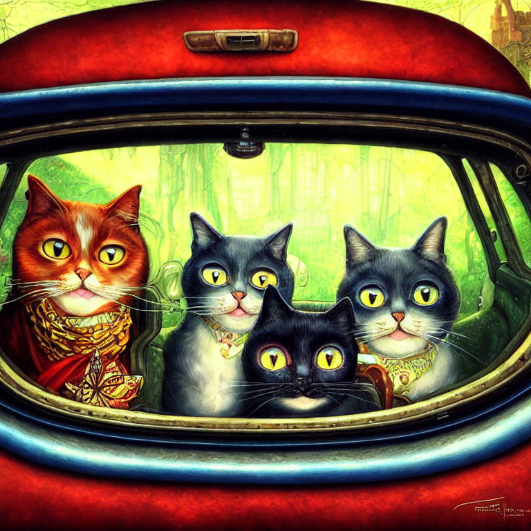 Four anthropomorphized cats in red vintage car with whimsical landscape