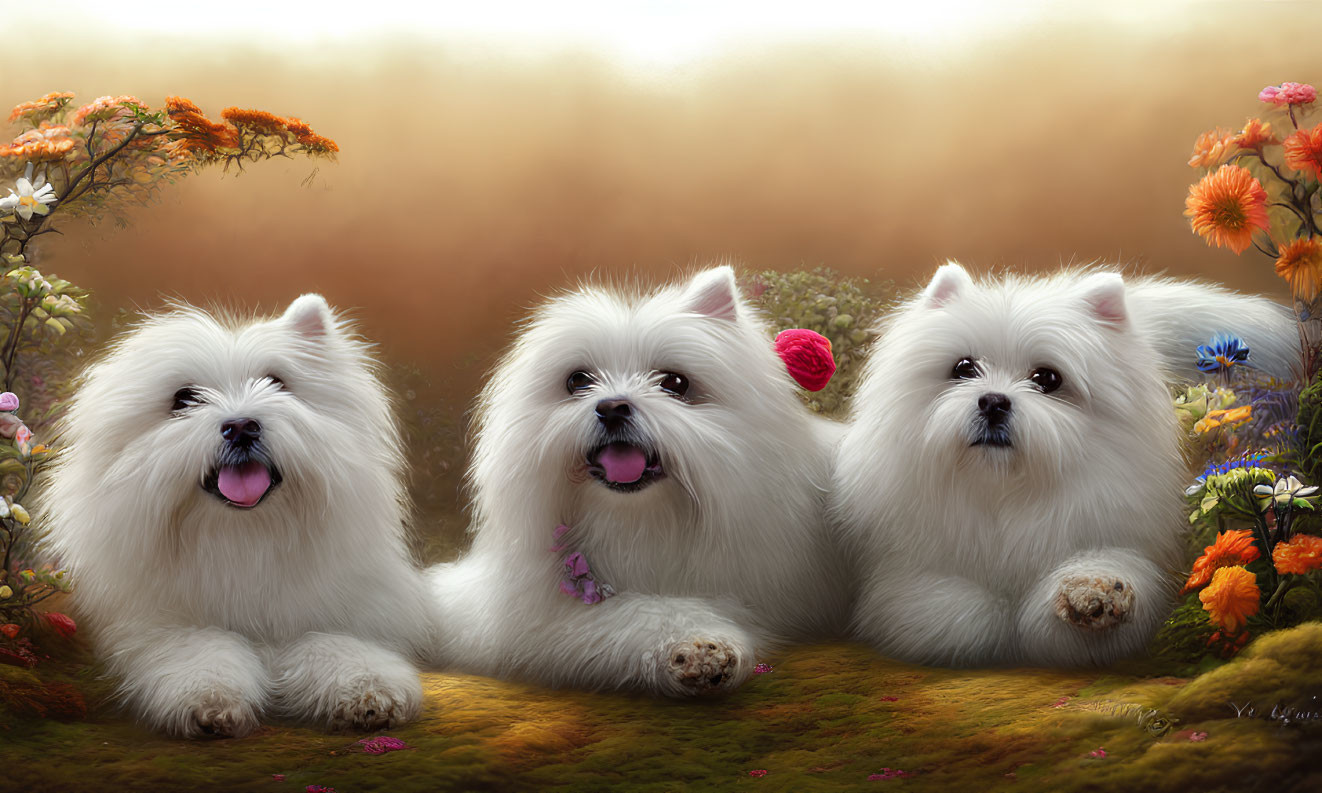 Fluffy white dogs surrounded by colorful flowers in a hazy setting