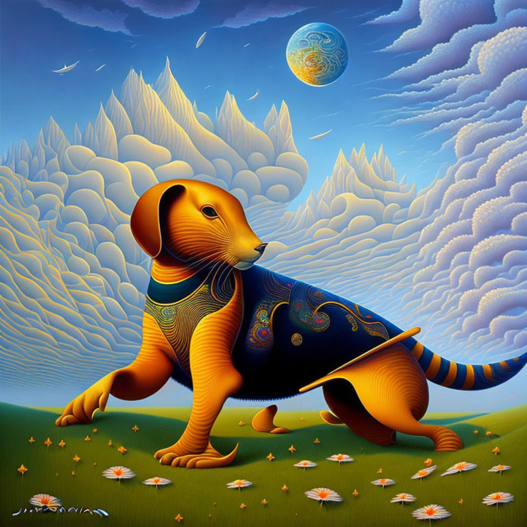 Anthropomorphic dog walking in surreal landscape with floating orb