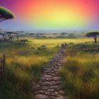 Surreal savannah landscape with vibrant rainbow sky
