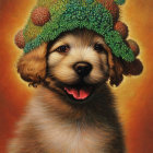 Adorable brown puppy with green hat and pinecone decorations