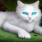 White Fluffy Cat with Blue Eyes and Steampunk Mechanical Limbs Beside Intricate Robot