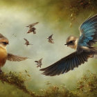Digital painting: Birds in Flight with Striking Blue Wings in Green Forest