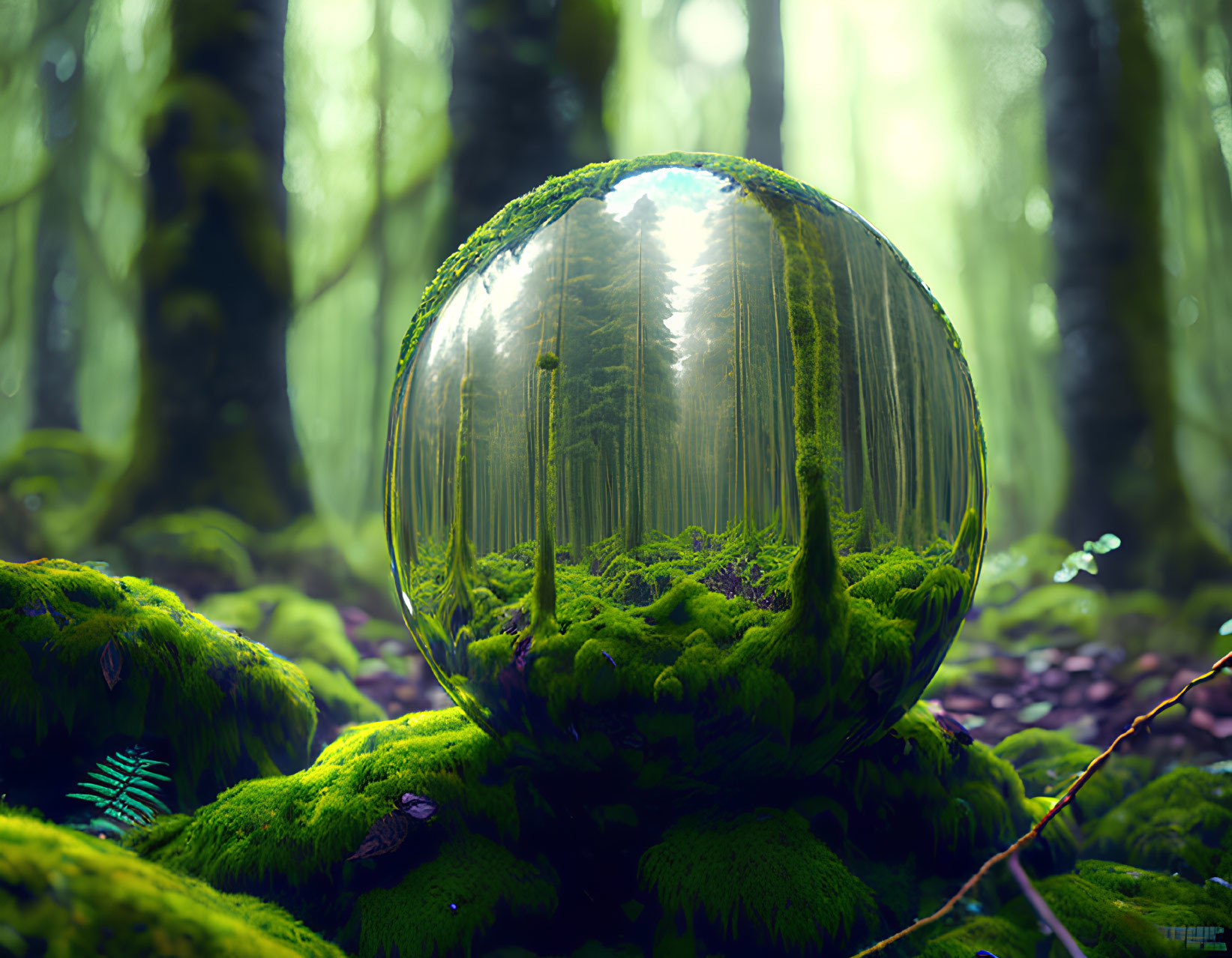 Reflective sphere on mossy ground in misty forest, mirroring trees.