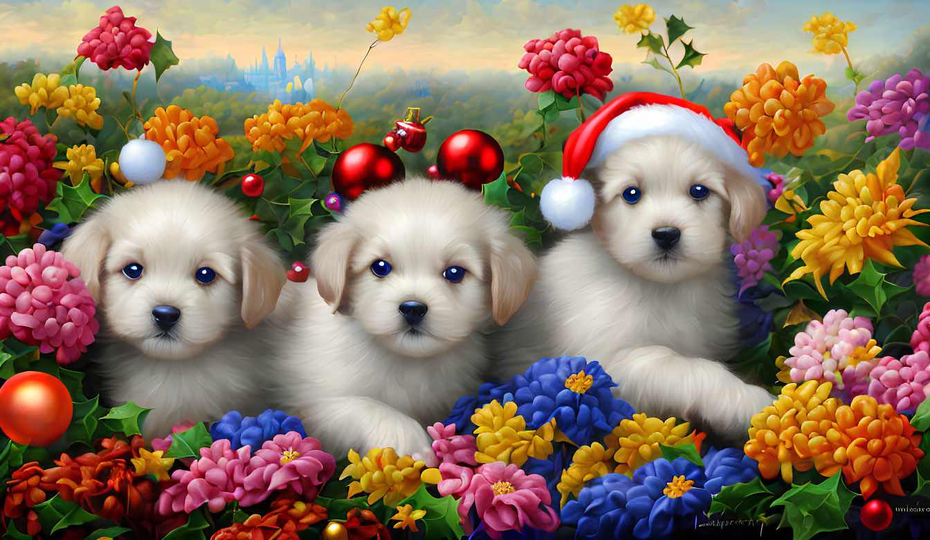 Three Fluffy Puppies in Santa Hat with Christmas Ornaments and Whimsical Castle Background