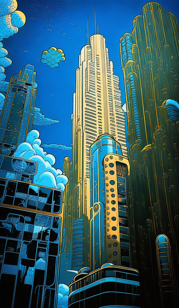 Futuristic skyscrapers in vibrant comic-style illustration