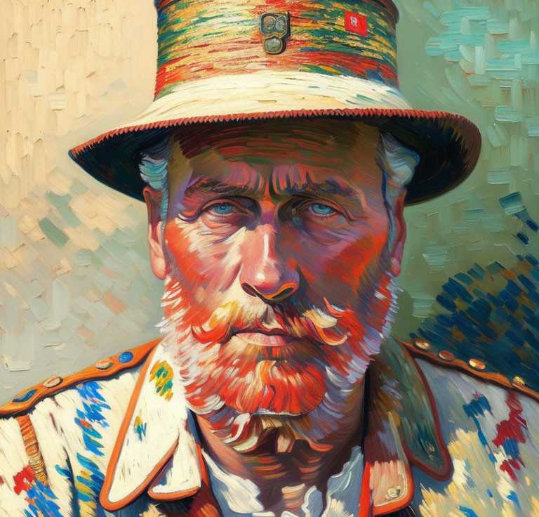 Colorful Impressionist Painting of Man in Military Uniform with Beard