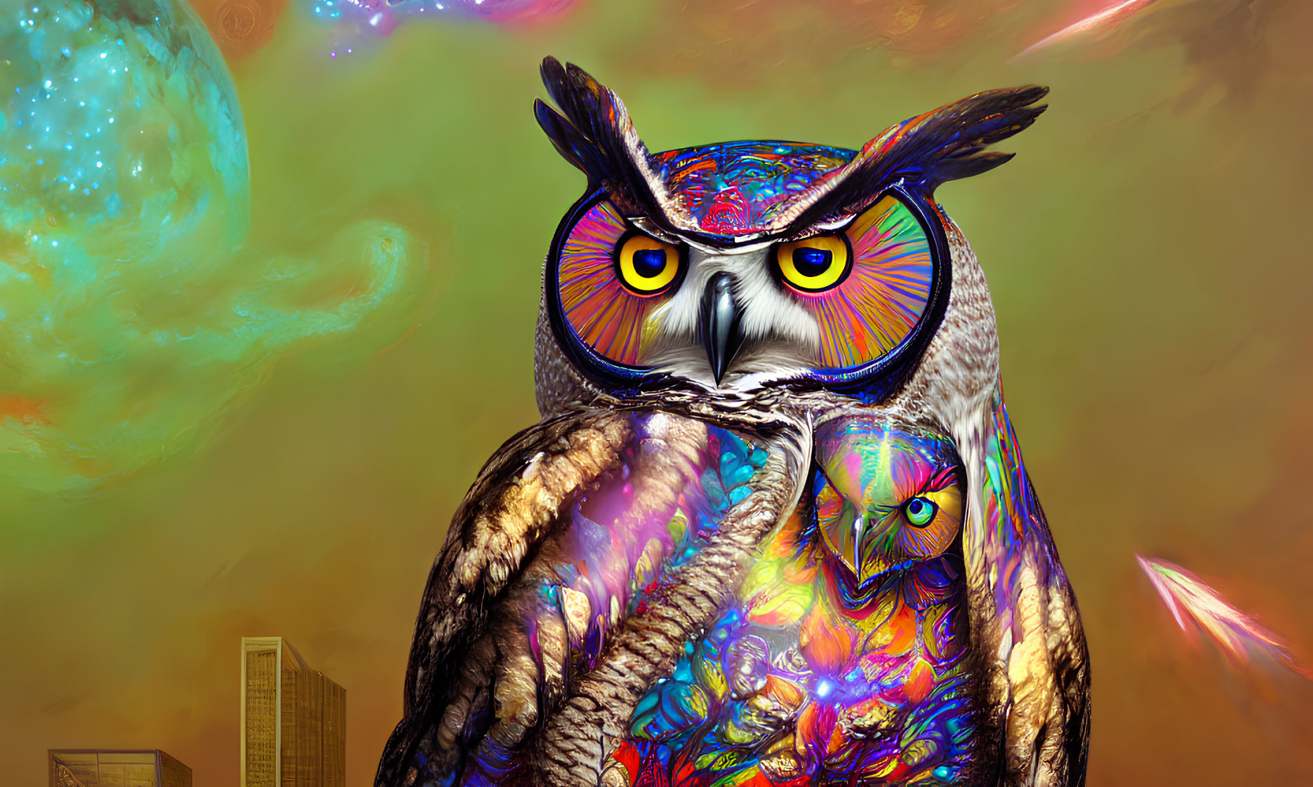 Colorful Hyper-Realistic Owl with Cosmic Background