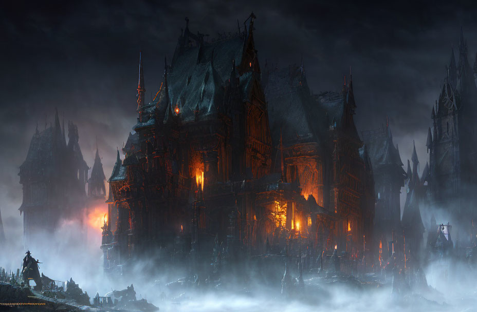 Eerie gothic castle at night with glowing windows