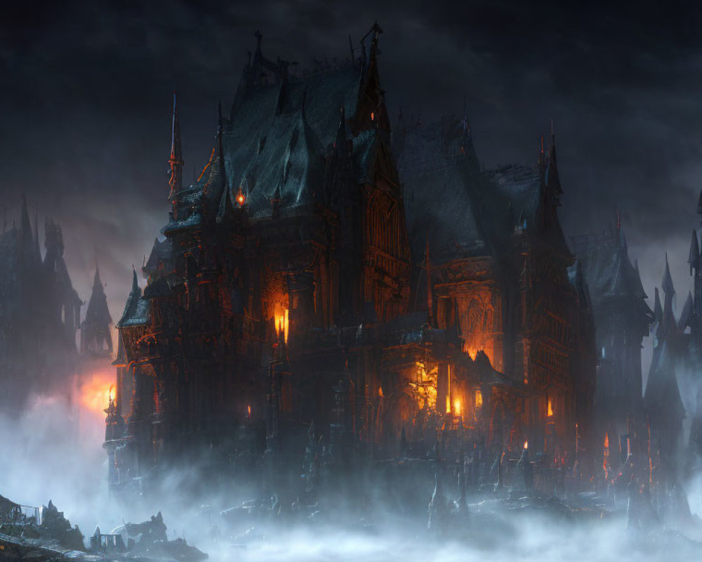 Eerie gothic castle at night with glowing windows