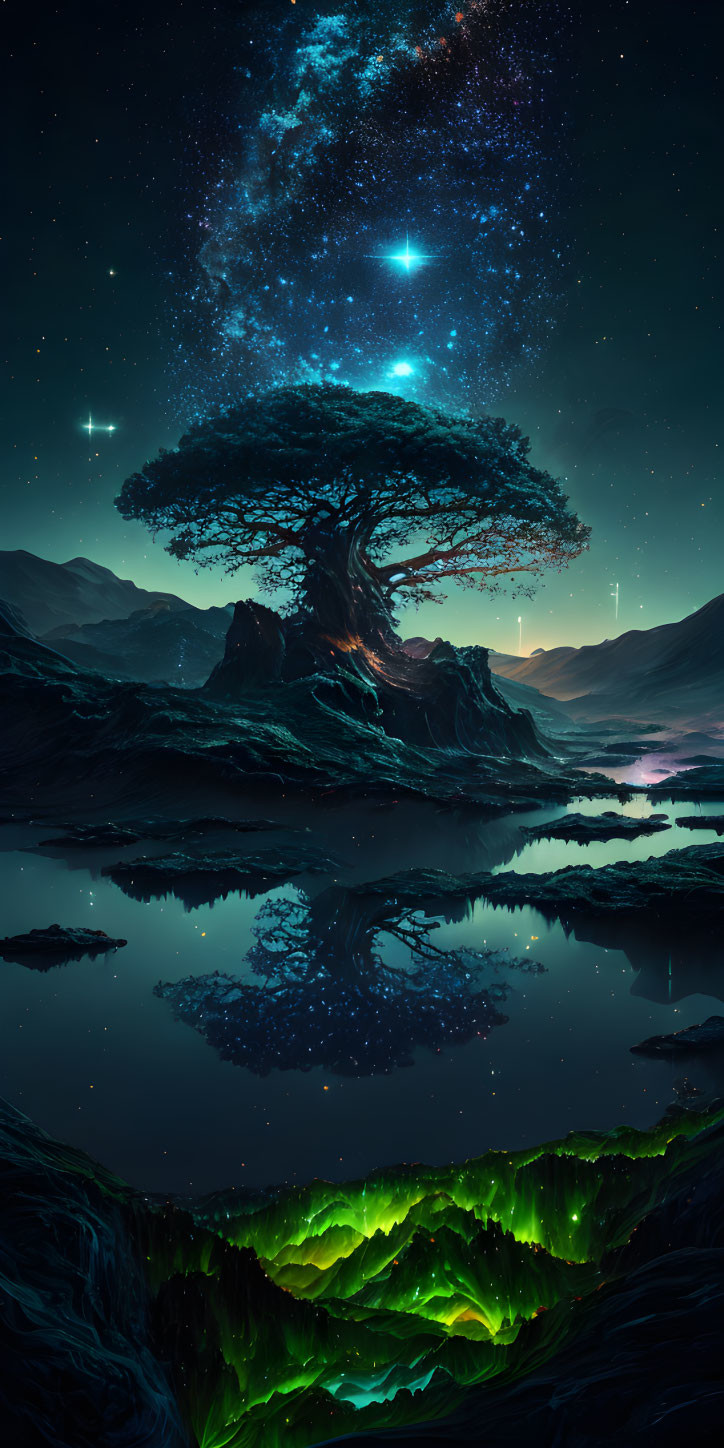 Majestic tree under starry sky reflected in tranquil lake with glowing green lights.