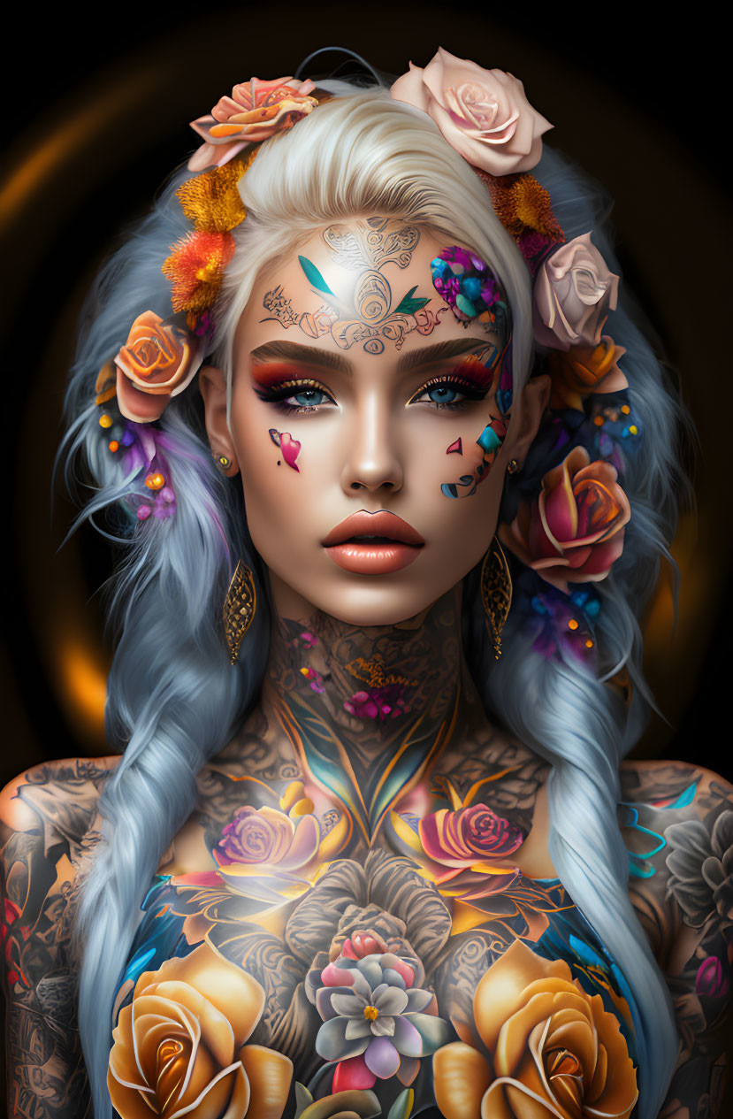 Digital artwork: Woman with ornate tattoos, piercings, blue hair, and flowers - elegant