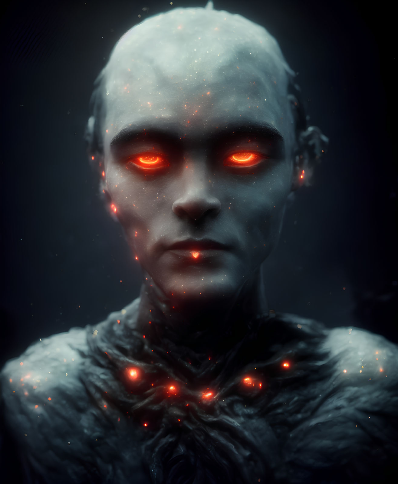 Digital artwork featuring humanoid figure with red eyes and glowing accents on dark skin.