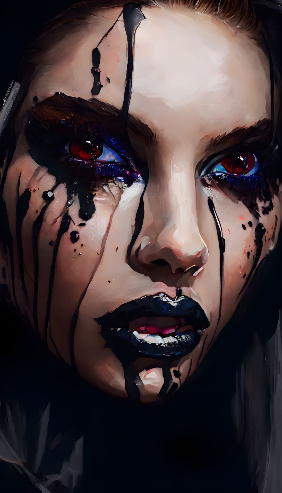 Close-up Digital Painting: Woman's Face with Red Eyes and Blue Tears