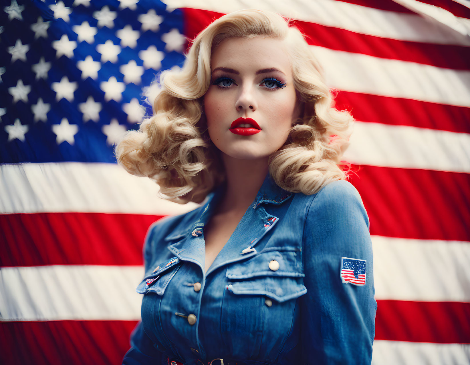 Vintage hairstyle woman in denim jacket with USA flag patches posing before American flag