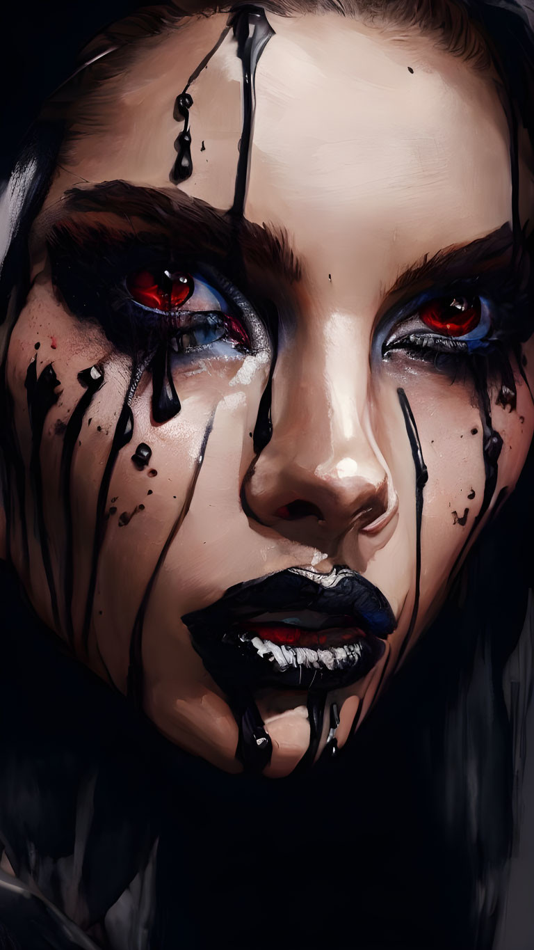 Intense red eyes and dramatic black makeup portrait.