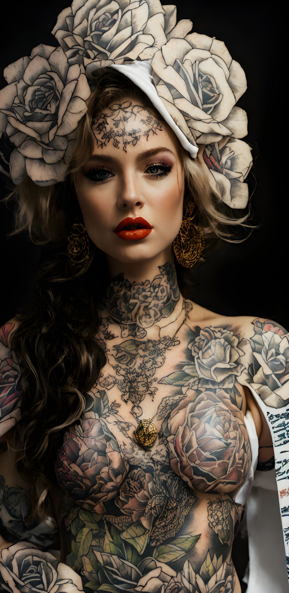 Woman with Floral Tattoos and Rose Headpiece Poses Against Dark Background