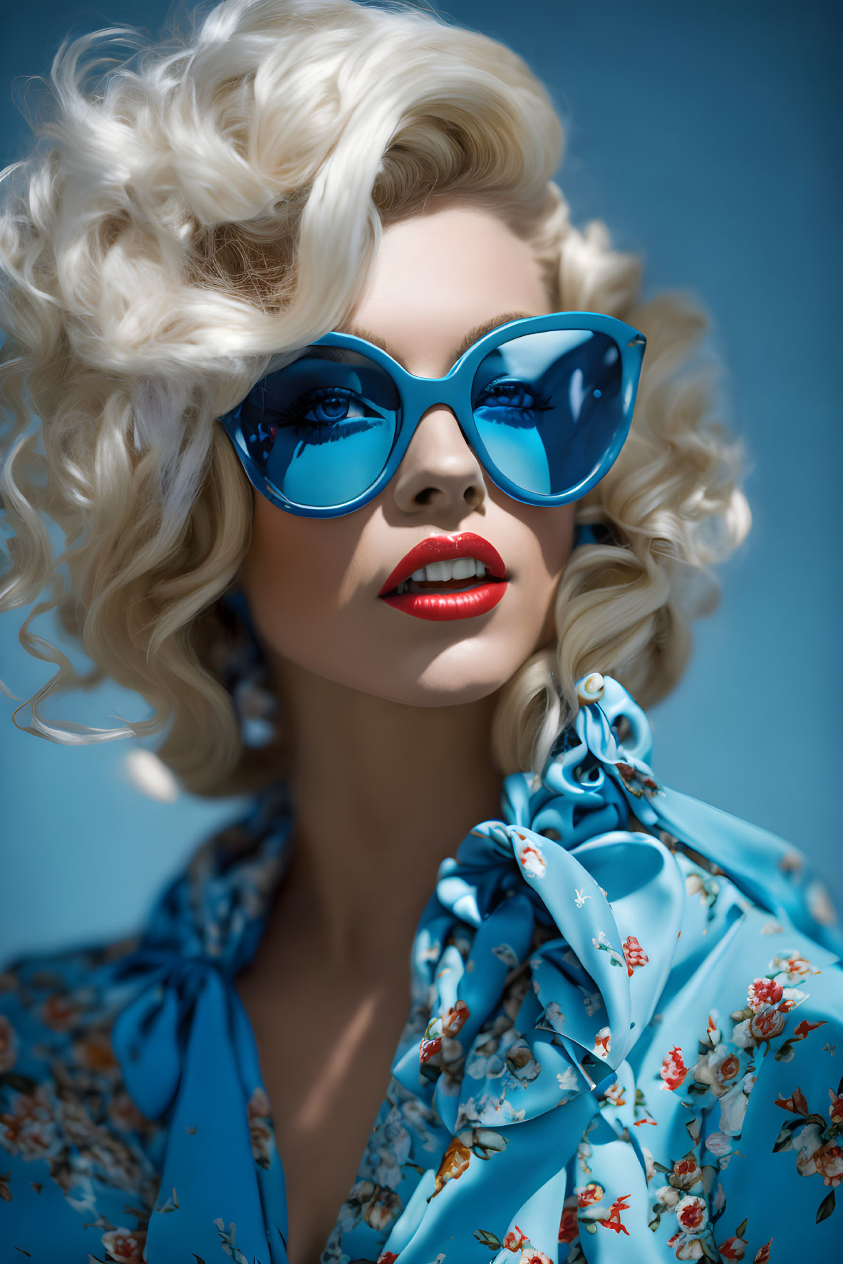 Blonde woman in floral top and blue sunglasses on blue background