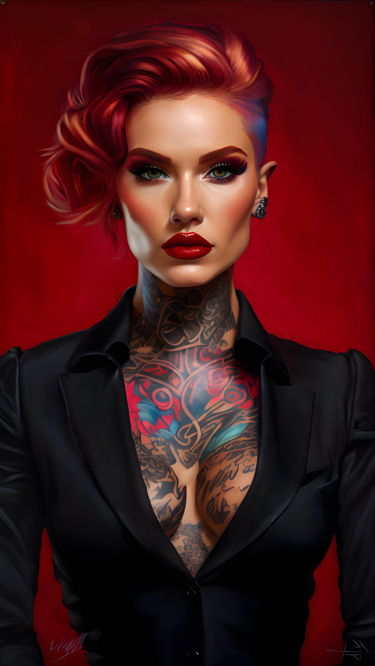 Red-haired woman with tattoos in black blazer on red background