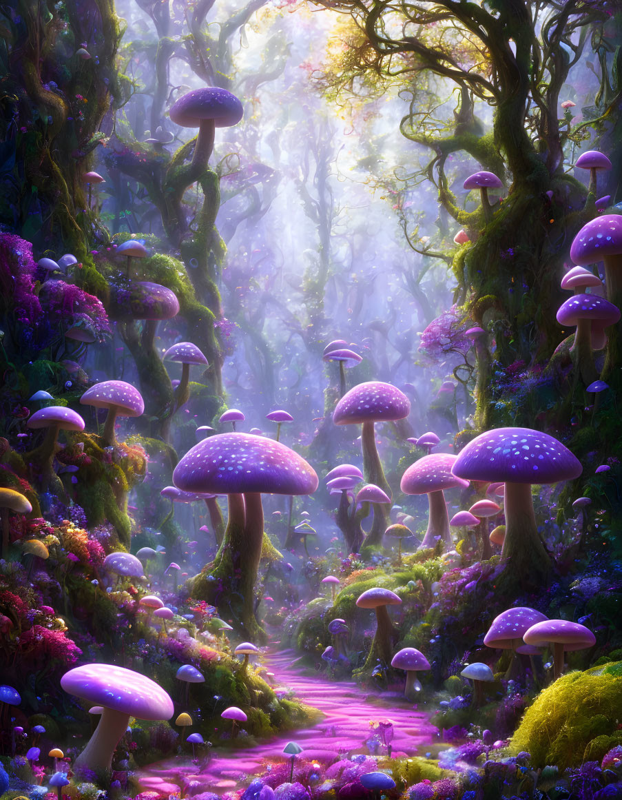 Enchanting forest scene with glowing purple mushrooms in foggy woods