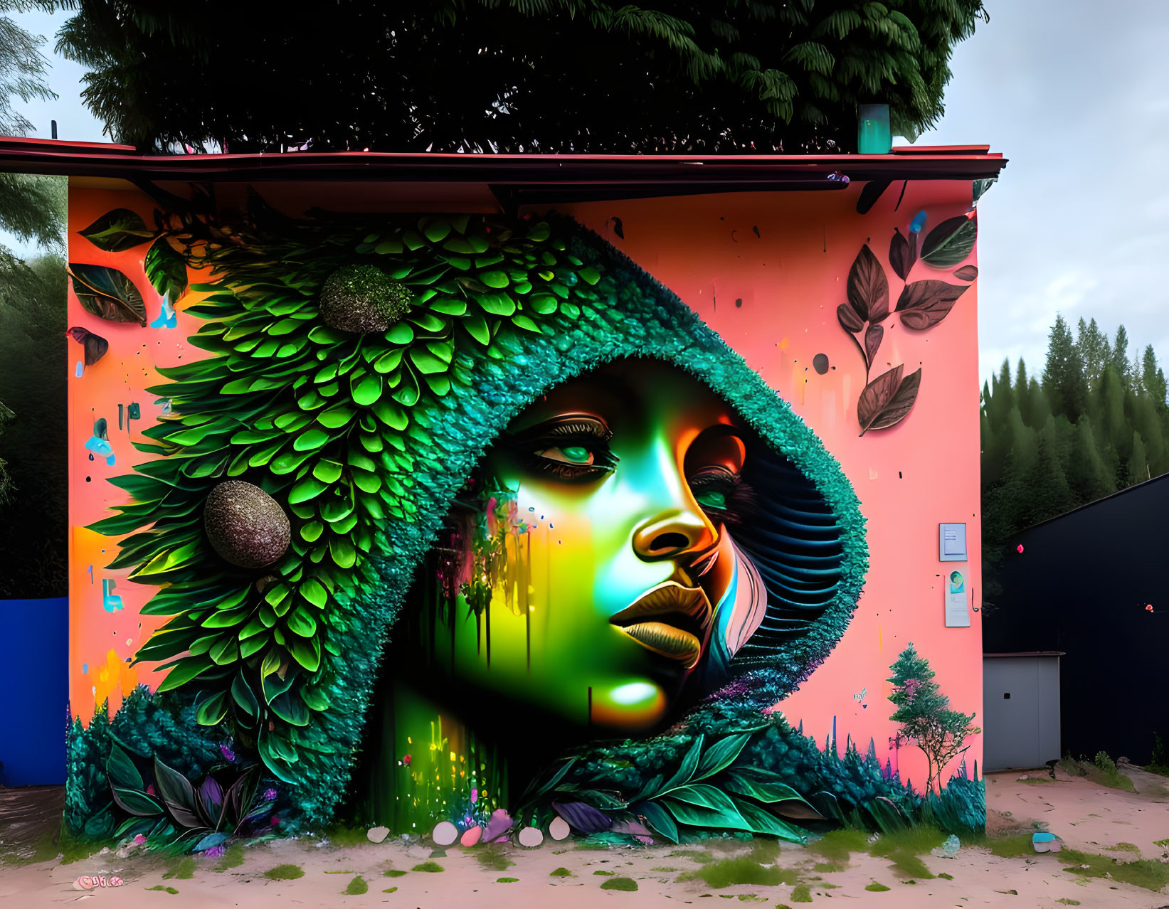 Colorful mural of woman's profile with green foliage on pink urban wall