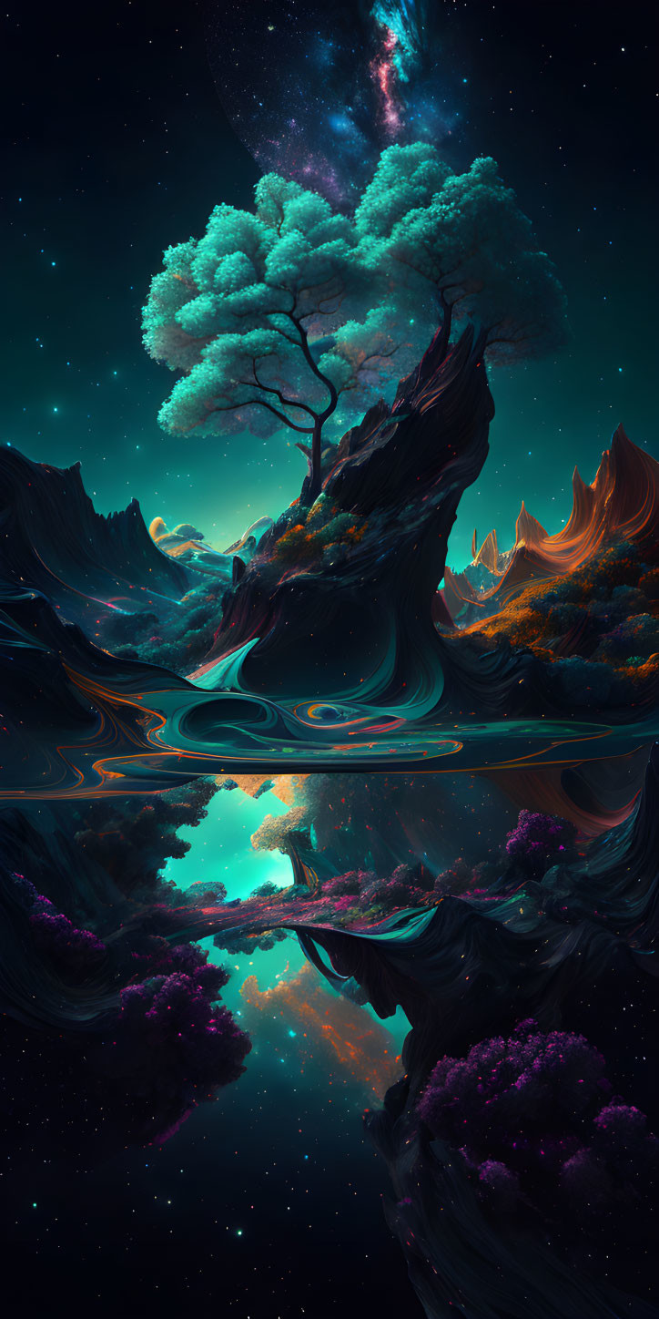 Colorful digital artwork of mystical landscape with glowing tree, colorful mountains, serene river, starry sky