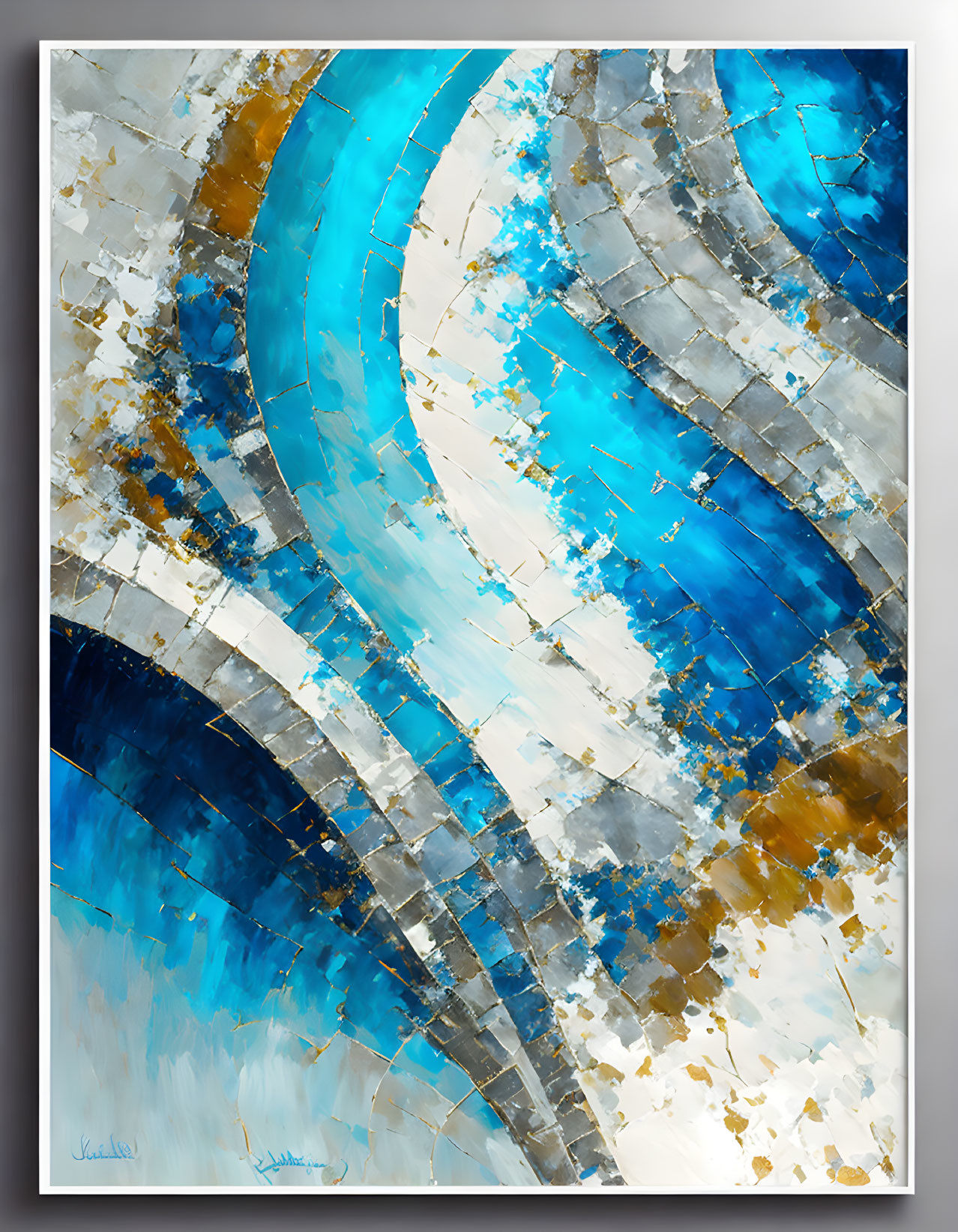 Swirling Blue, White, Gold, Silver Abstract Painting