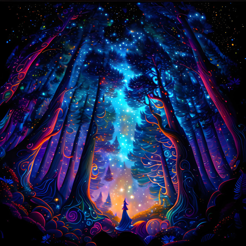 Colorful Trees Frame Starry Night Sky in Mystical Forest Illustration