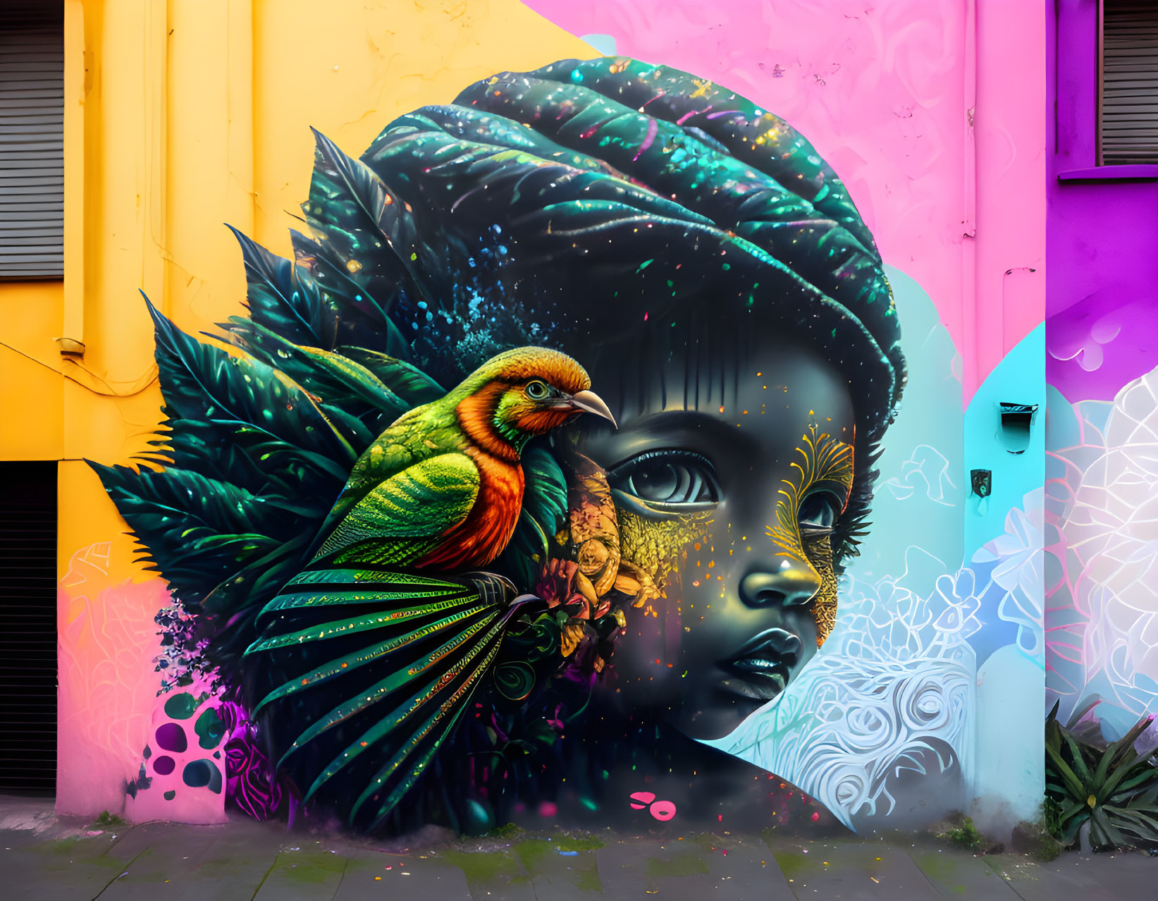 Colorful street art featuring girl with headdress and bird on vibrant wall