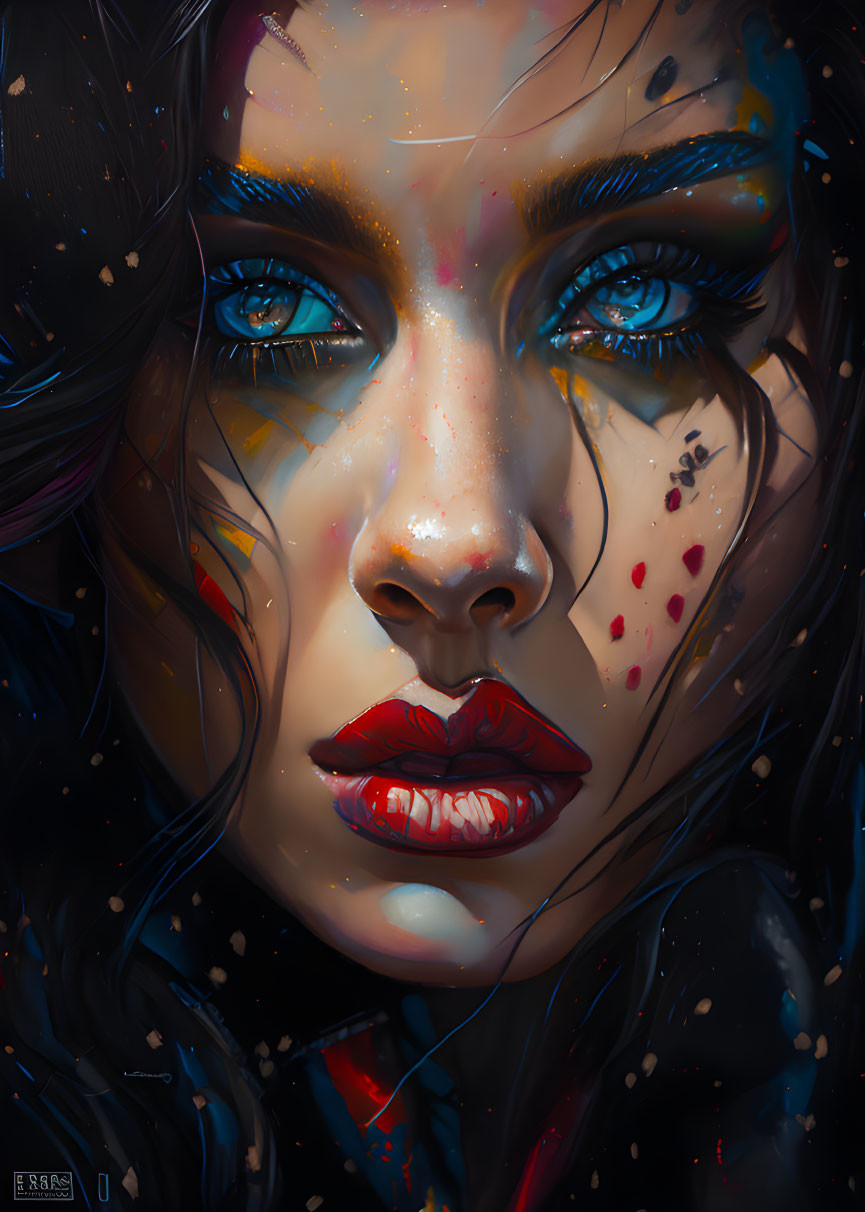 Portrait of a woman with striking blue eyes and colorful paint splatters on lips, on dark background