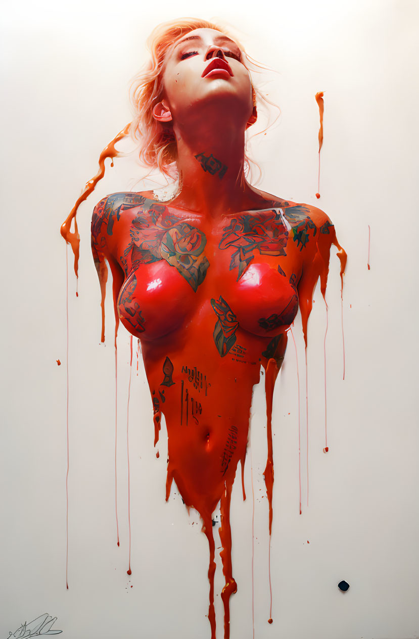 Woman with red liquid and tattoos in artistic representation