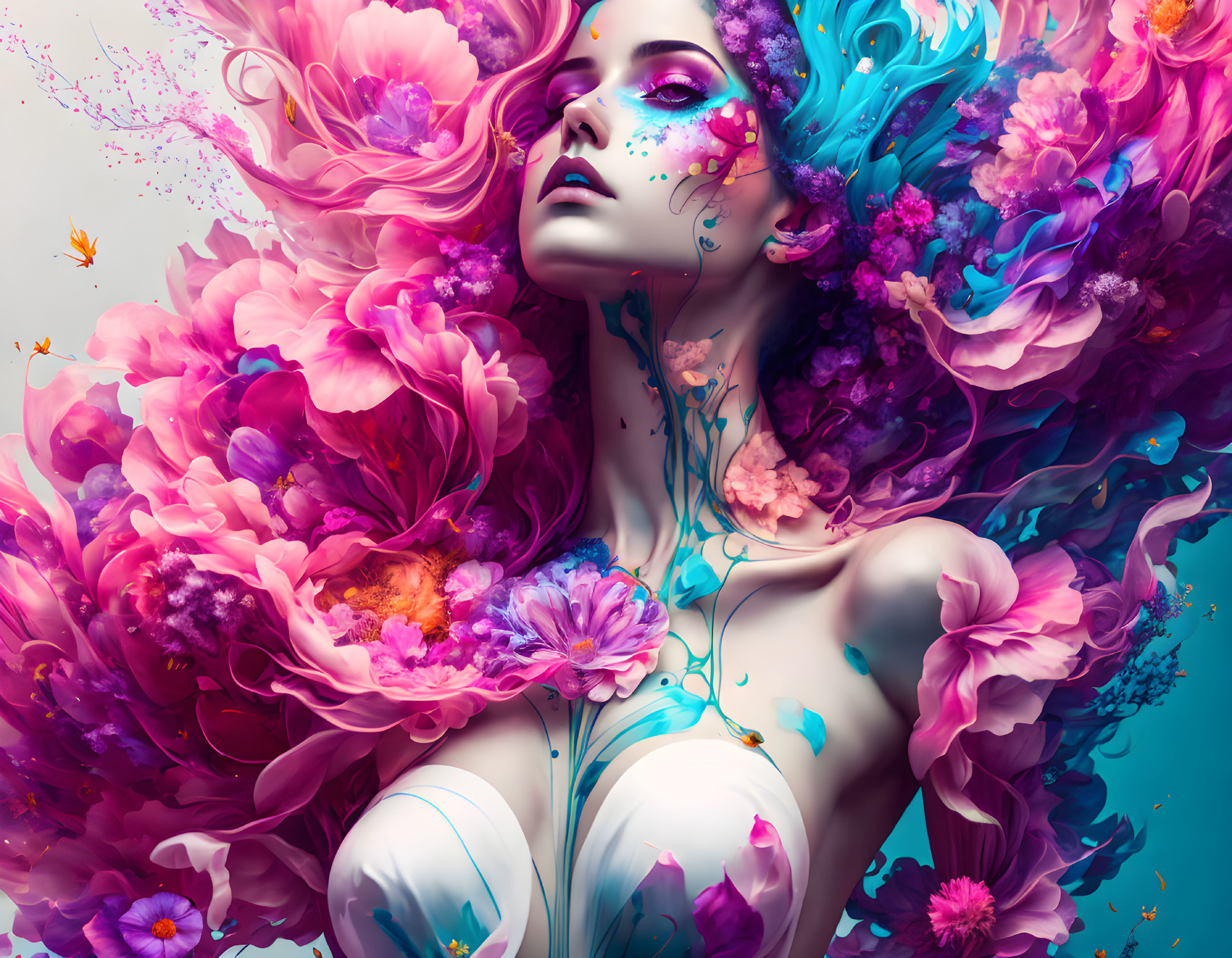 Vivid woman with flowing hair, flowers, and butterflies in fantastical image