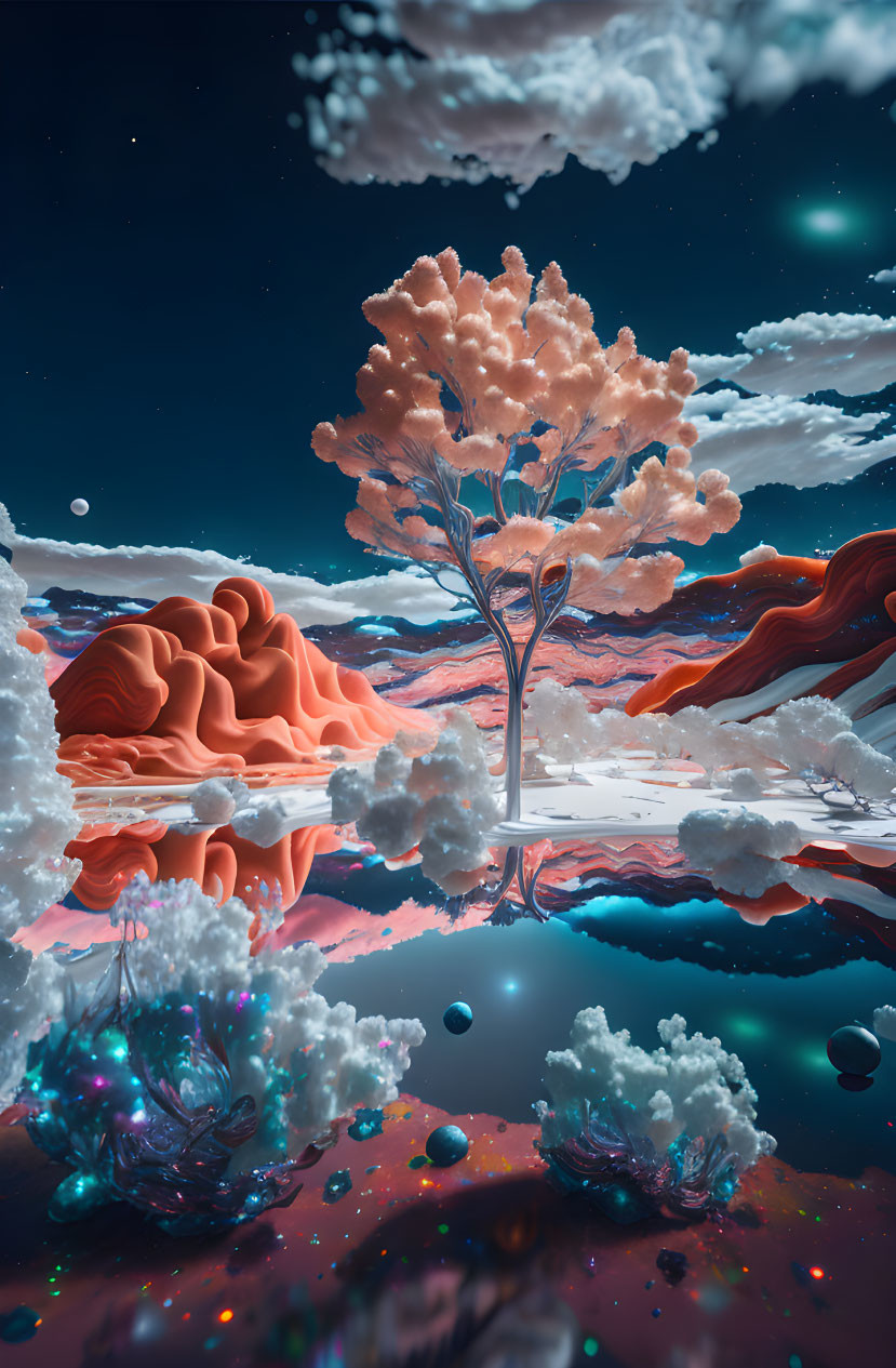 Surreal landscape with pink tree, red rock formations, glowing plants, starry night sky