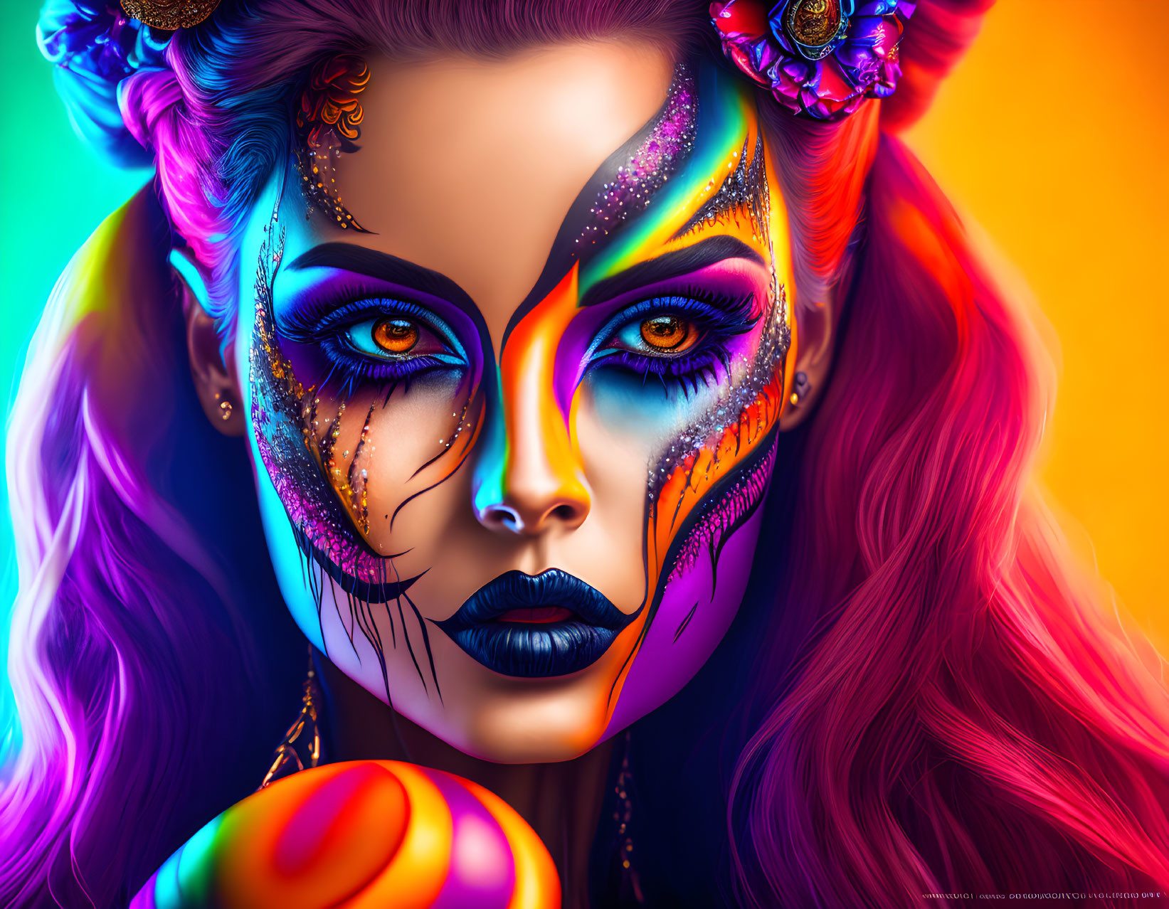 Colorful digital portrait of a woman with dramatic makeup and gradient-dyed hair holding a lollipop