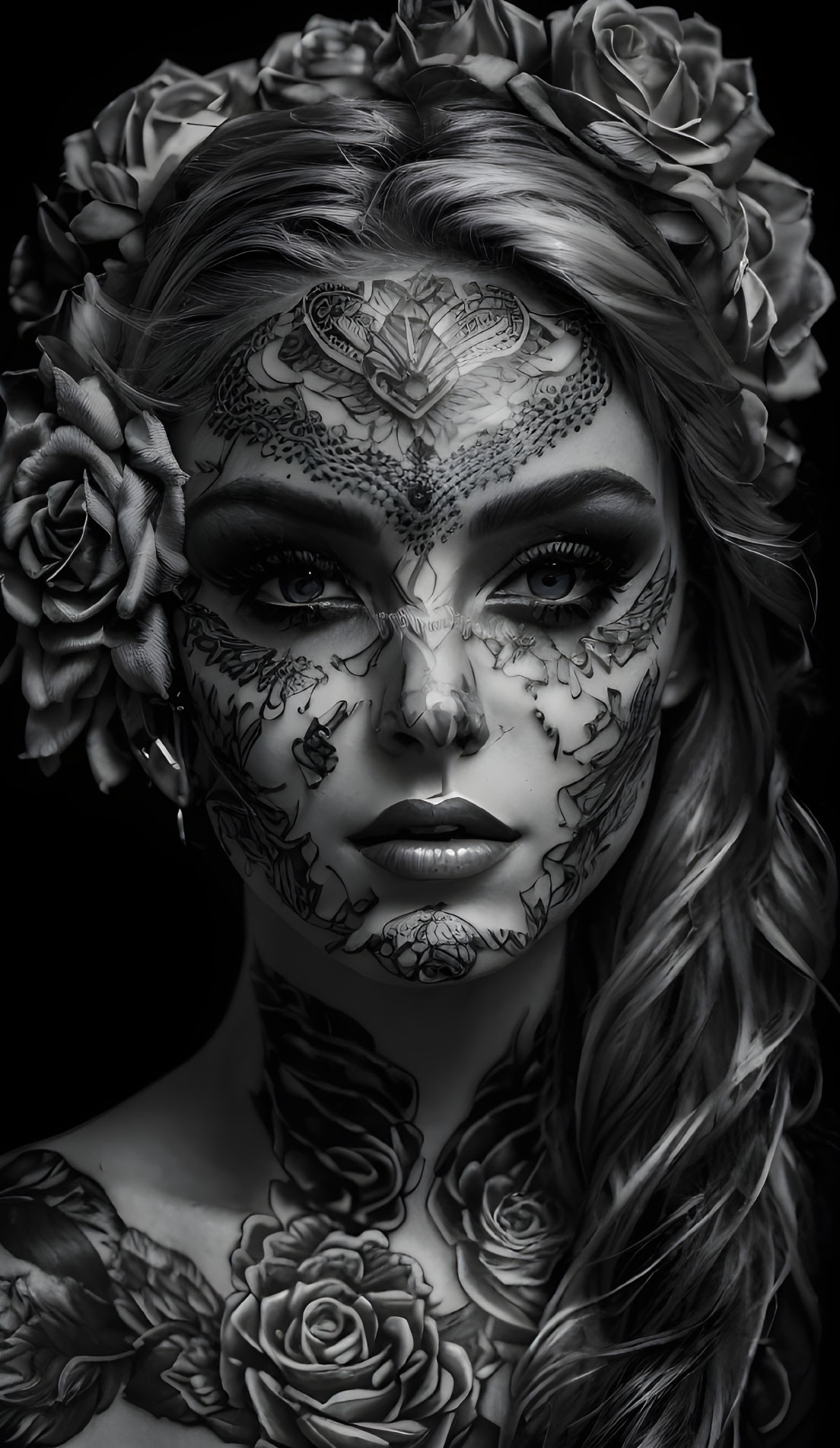 Monochrome portrait of woman with floral tattoos and face paint and rose crown