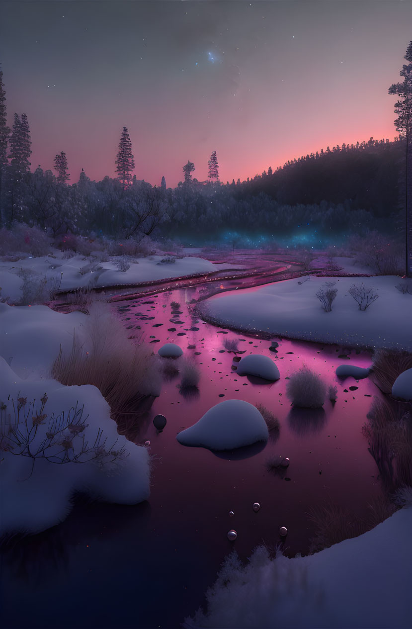 Snow-covered winter night scene with stream, pine trees, twilight sky, and stars.