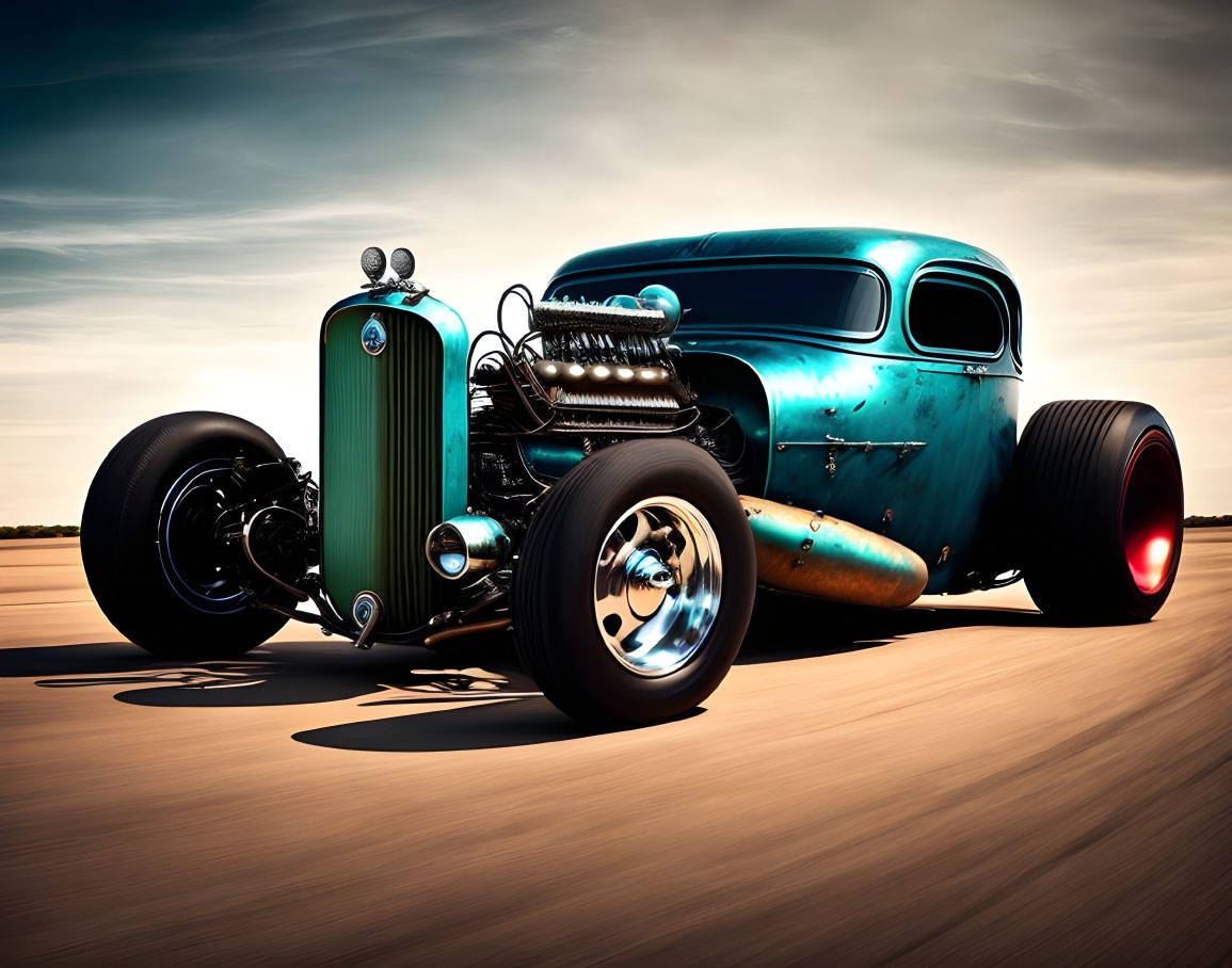 Custom hot rod with glossy blue finish and chrome engine racing on sunlit road