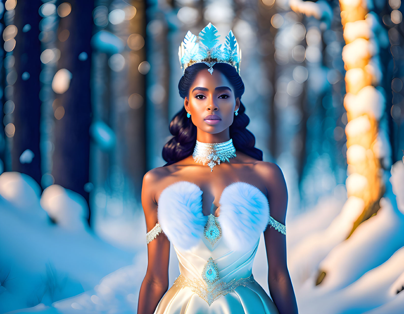 Elegant woman in white and blue gown with crystal crown in snowy forest