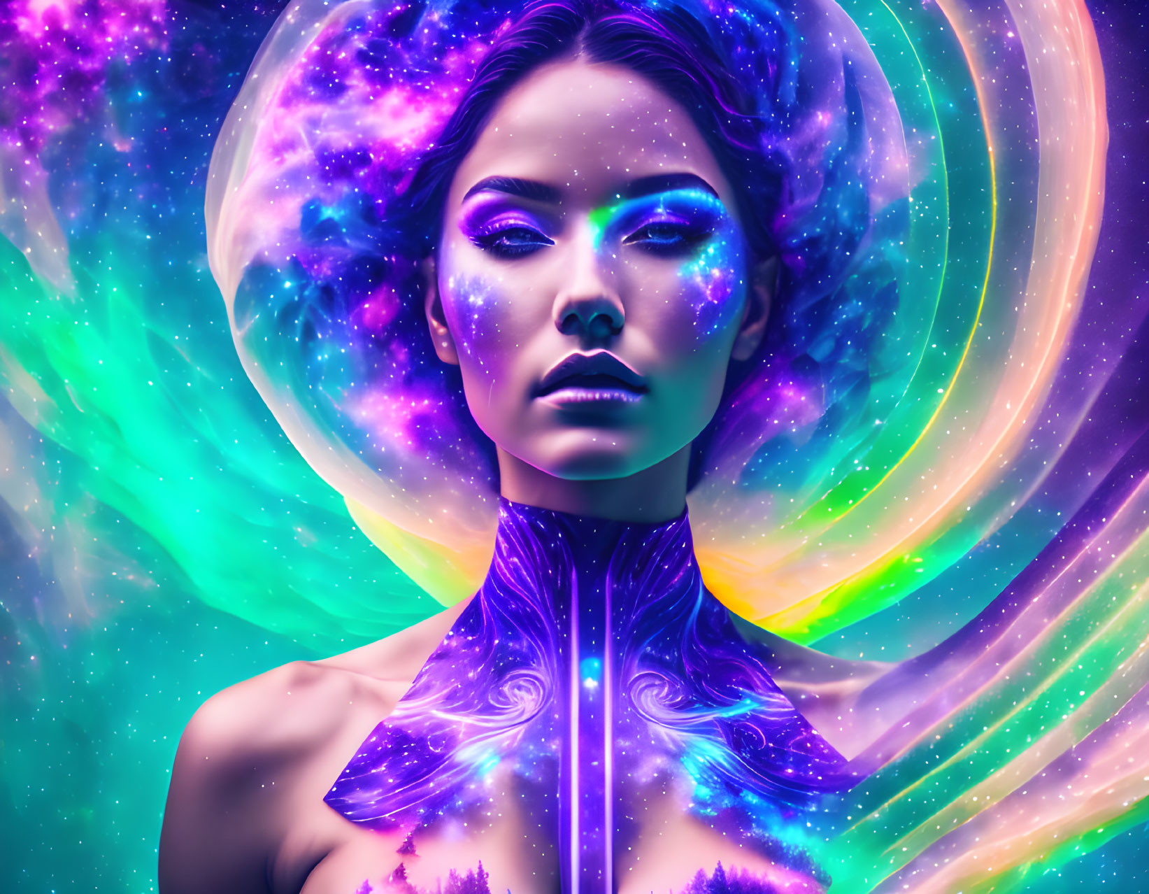 Cosmic-themed digital artwork of a woman with vibrant body paint