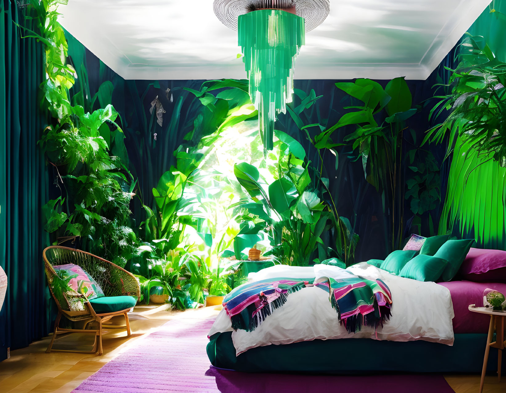 Tropical-themed bedroom with vibrant decor and green chandelier